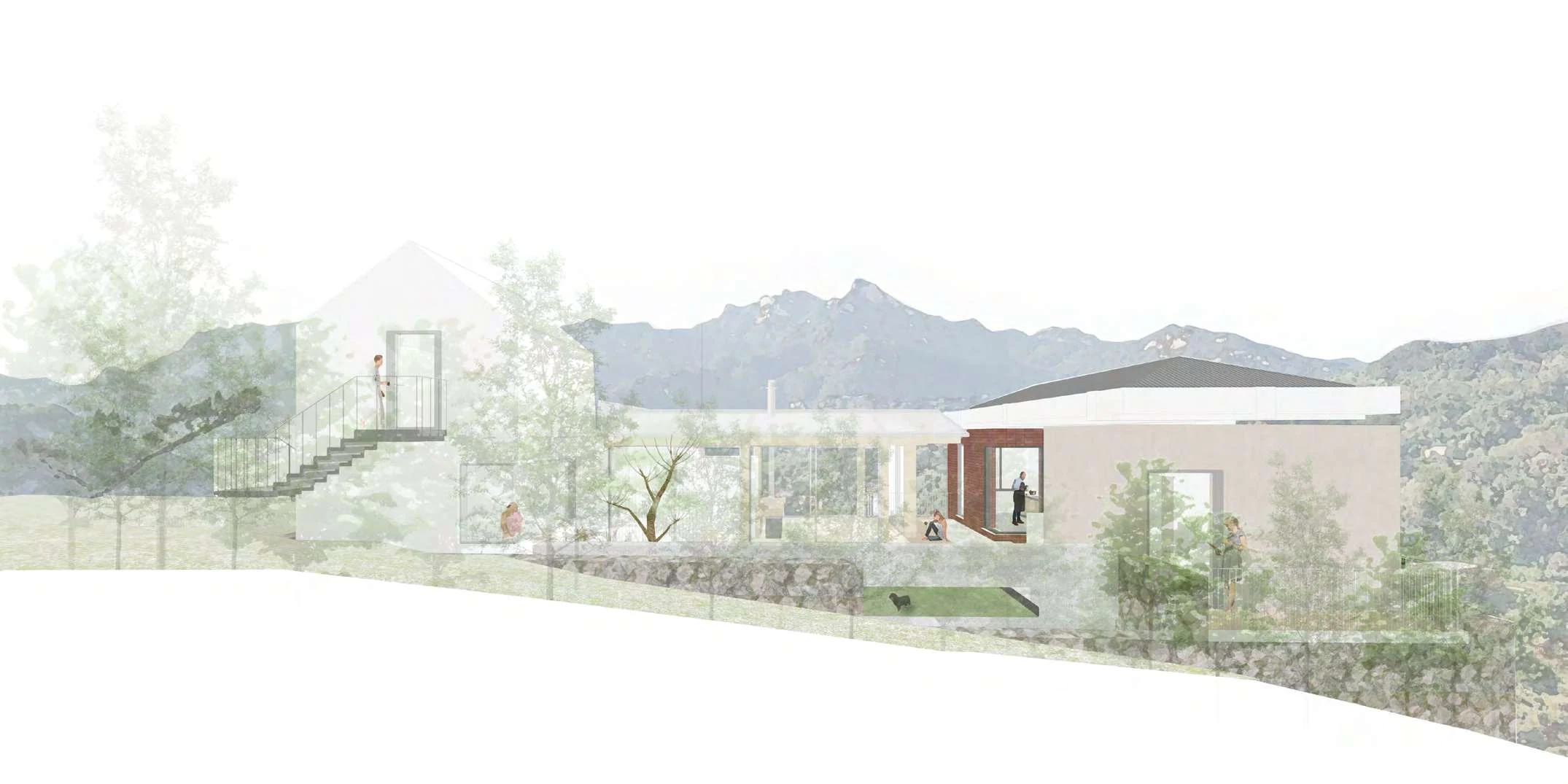 부암동 경사지의 주택과 산세를 보여주는 입면